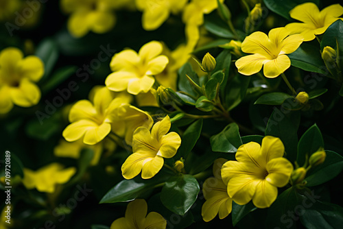 Yellow flowers are green with leaves and flowering, in the style of shang dynasty, close-up, sigma 35mm f/1.4 dg hsm art, matte photo, high speed sync, rounded, lightbox

