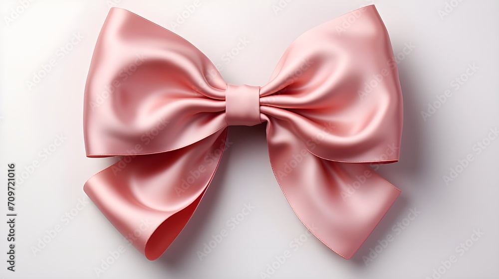 pink satin bow isolated on white background with shadow. pink bow flat lay. pink bow top view. silk bow isolated