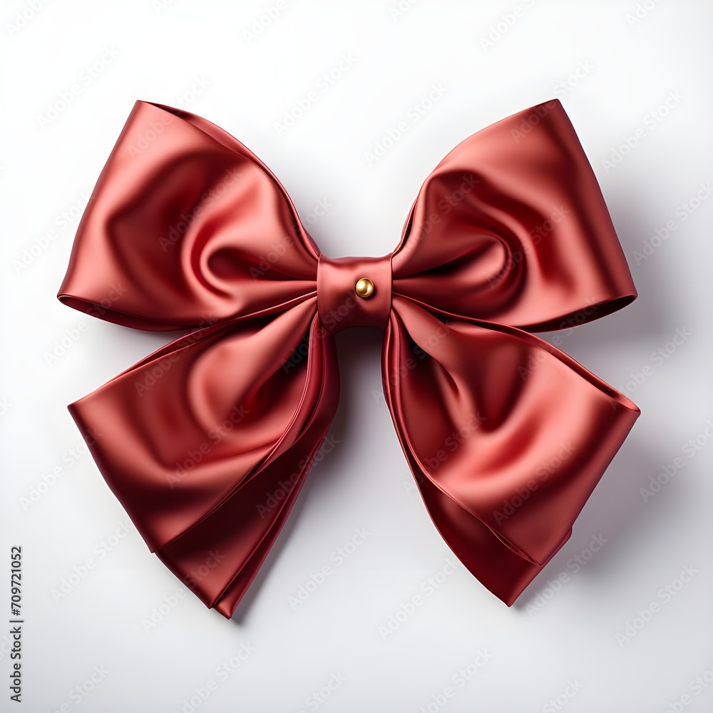 red satin bow isolated on white background with shadow. red bow flat lay. red bow top view. silk bow isolated