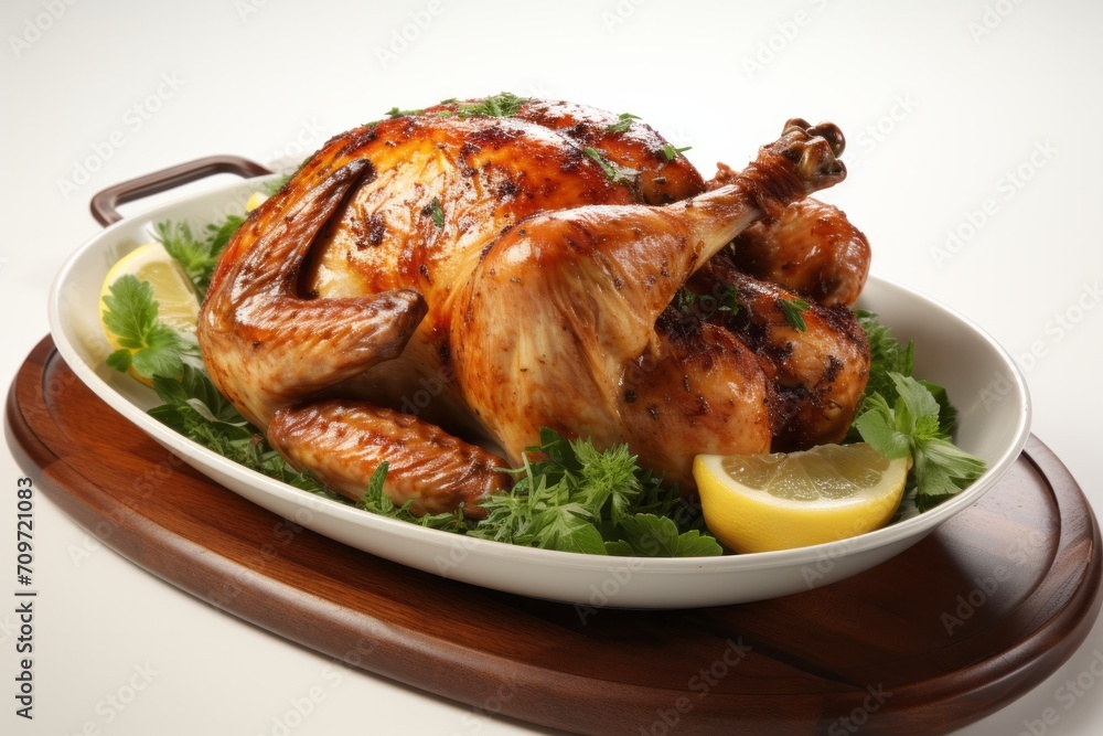 3D Render of Succulent Roasted Chicken, on an isolated White background, Generative AI 3D Render of Succulent Roasted Chicken, on an isolated White background, Generative AI
