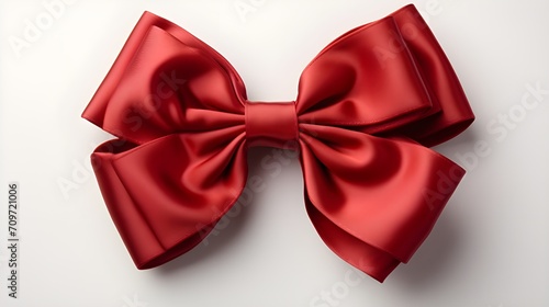 red ribbon bow. red satin bow isolated on white background with shadow. red bow flat lay. red bow top view. silk bow isolated