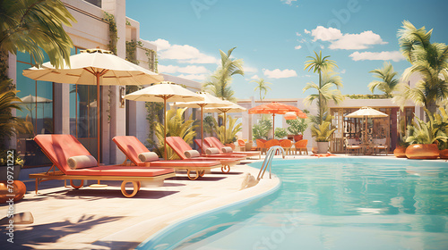  a poolside oasis with comfortable lounge chairs, parasols, and a banner celebrating the arrival of summer in 2024. © Love Mohammad
