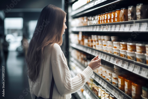 young woman in a store, looking at various packaged products on shelves, considering which one to purchase. ai generative