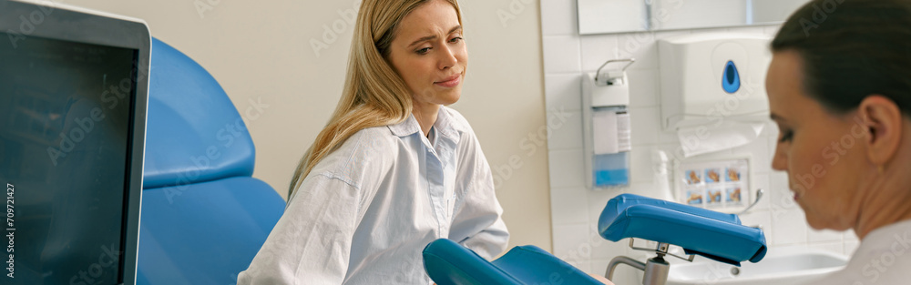 Fototapeta premium Woman on appointment with her gynecologist during visit to women's consultation. High quality photo