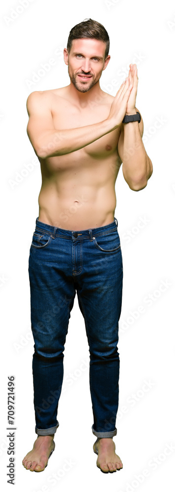 Handsome shirtless man showing nude chest Clapping and applauding happy and joyful, smiling proud hands together Handsome shirtless man showing nude chest Clapping and applauding happy and joyful, smiling proud hands together
