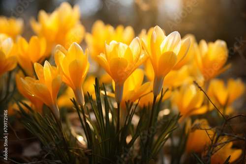 Yellow crocus flowers in the spring, in the style of lightbox, skeuomorphic, light-focused