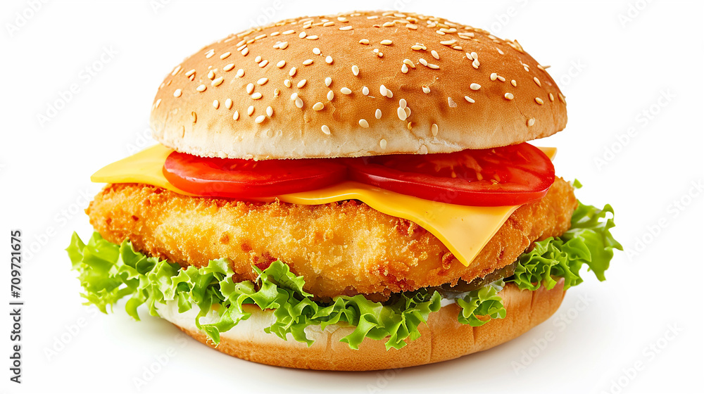 Fish Hamburger with cheese isolated on white background, Crispy Fish Hamburger on white With work pat. Made with generative ai Fish Hamburger with cheese isolated on white background, Crispy Fish Hamburger on white With work pat. Made with generative ai