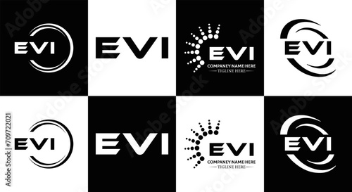 EVI logo. E V I design. White EVI letter. EVI, E V I letter logo design. Initial letter EVI linked circle uppercase monogram logo. E V I letter logo vector design. EVI letter logo design five style. 