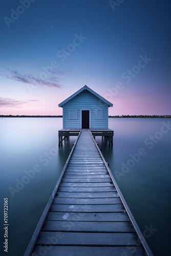 serene twilight scene with a blue boathouse on calm waters, reflecting the sky’s gradient hues and early stars, ai generative