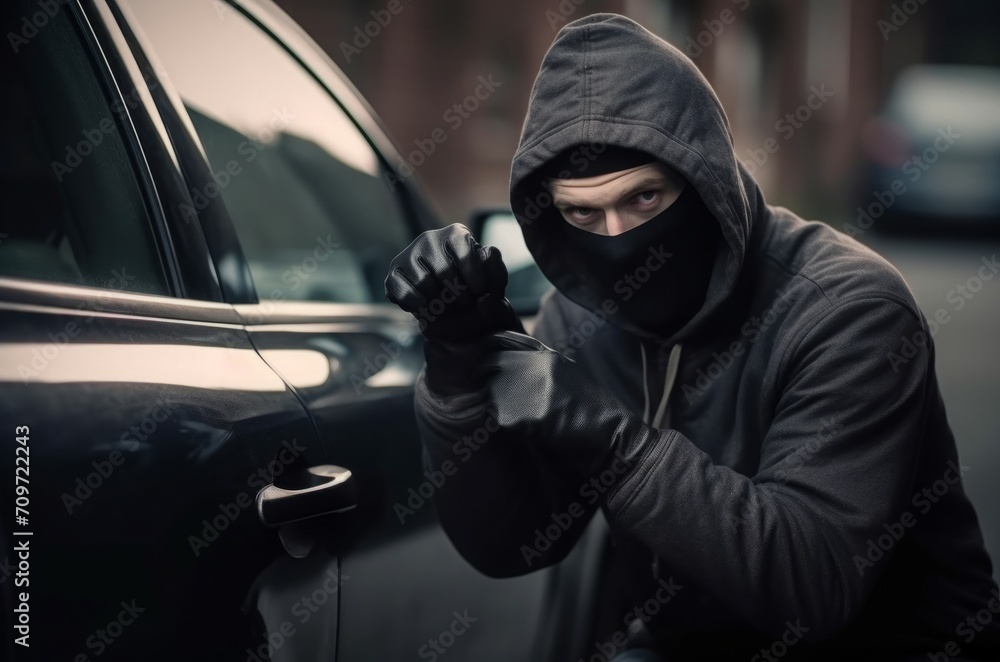 Car thief breaking stealing. Security vehicle risk auto robber. Generate Ai Car thief breaking stealing. Security vehicle risk auto robber. Generate Ai