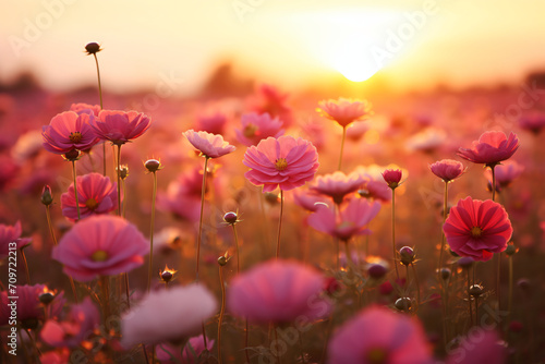Sunset color field of flowers in a field, in the style of soft focus, dansaekhwa, lovely, focus stacking, light brown and magenta, shaped canvas, light orange