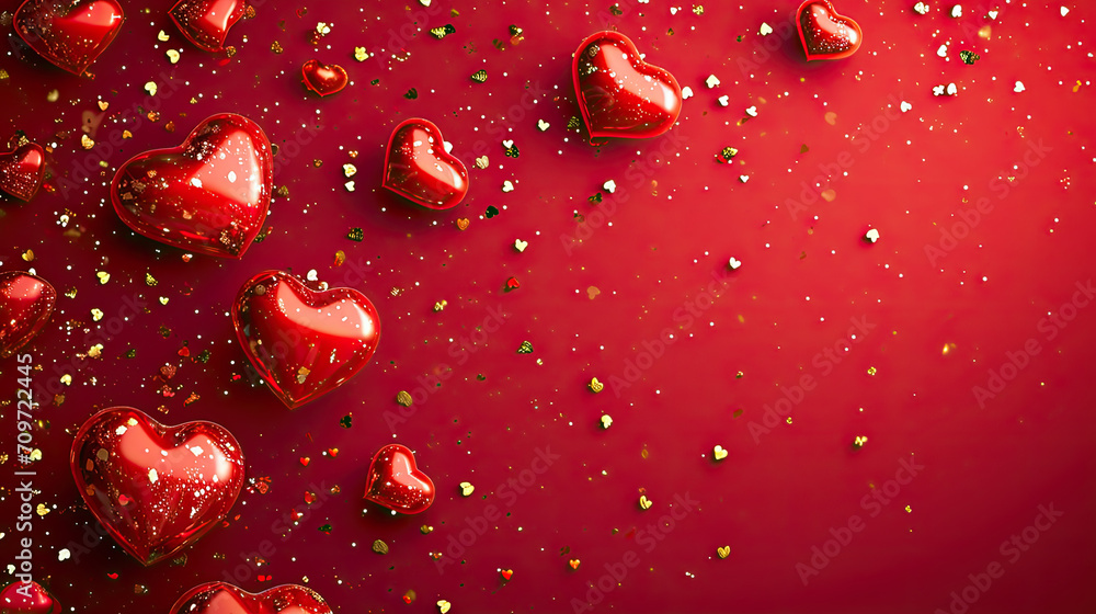 Stylish red background with heart shaped confetti. Valentine's day, international women day, romantic background