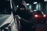 Car thief breaking stealing night outdoor. City auto robber vehicle secure. Generate Ai