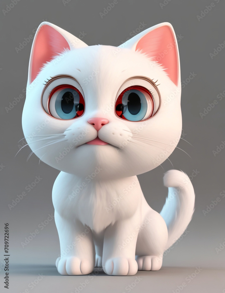 cat on a white Cute black baby cat 3d character. Cartoon cat with cute eyes. 3d render illustration. white backround Farm animals set