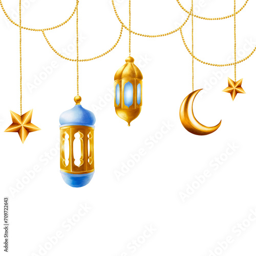 Watercolor Islamic arabian frame with golden crescent moon, stars and lanterns on a gold chains illustration isolated on white background. Muslim hand drawn holiday Ramadan Kareem or Eid Al Adha 2024