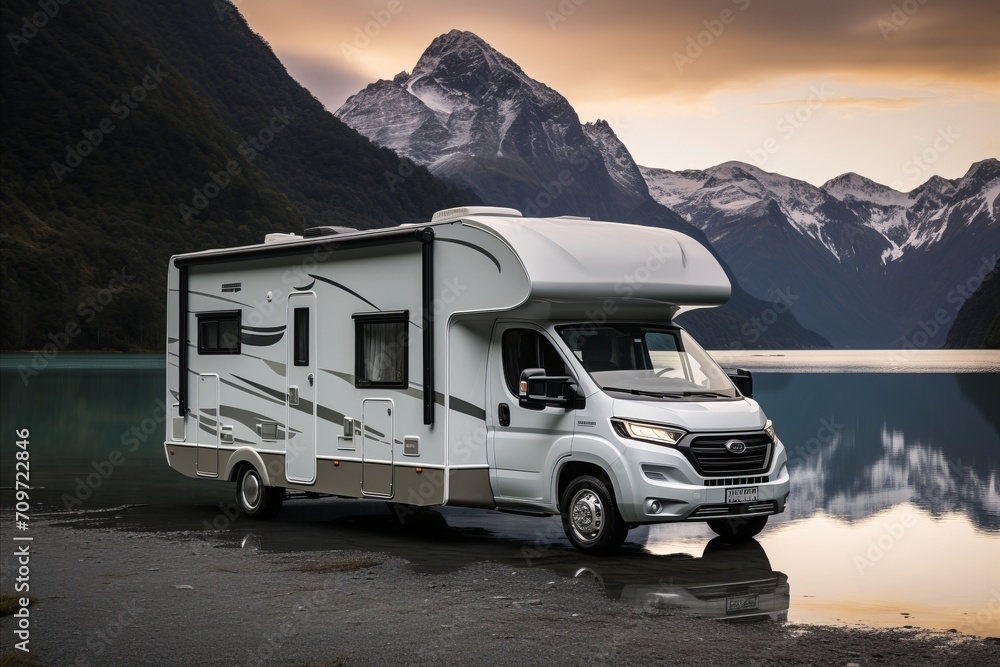Scenic motorhome cruise on serene road with breathtaking lake and majestic mountain backdrop