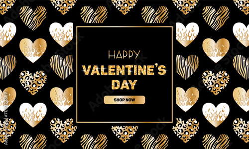 Horizontal luxury banner for Valentines Day. Metallic holographic Y2k sticker, Gold Shining gradient heart on fire, animalistic pattern. Zebra, leopard, tiger. foil in 2000s style. Flame. 90s, 00s.