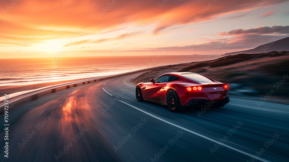 A modern sports car speeding down a coastal highway at sunset the ocean glittering in the background.