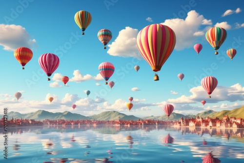 Hot Air Balloon Parade in a Clear Blue Sky, on an isolated Azure Blue background, Generative AI