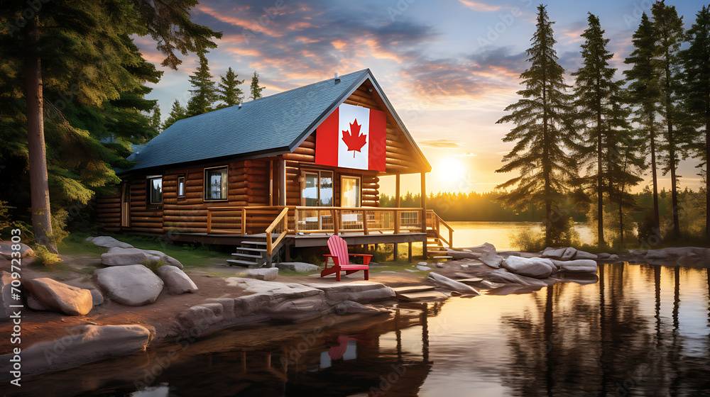 a rustic cabin in the Canadian wilderness surrounded by pine trees ...