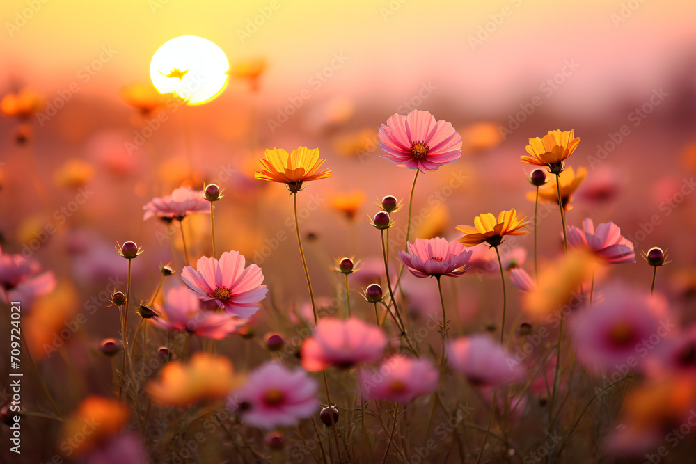 Obraz premium Colorful flowers in summer horizon, in the style of soft focus romanticism, light orange and magenta, samyang 14mm f/2.8 if ed umc aspherical, shaped canvas, light brown and yellow, cu