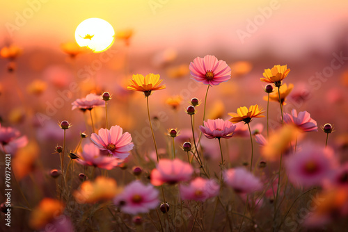 Colorful flowers in summer horizon, in the style of soft focus romanticism, light orange and magenta, samyang 14mm f/2.8 if ed umc aspherical, shaped canvas, light brown and yellow, cu