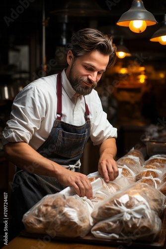 Local bakery owner packaging freshly baked bread for customers' orders, Generative AI