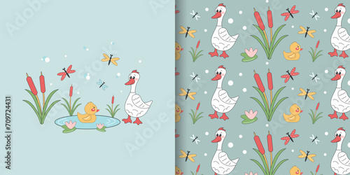 A child's drawing with a cute chicken and a goose. Seamless background, cute vector texture for baby bedding, fabric, wallpaper, wrapping paper, textiles and more