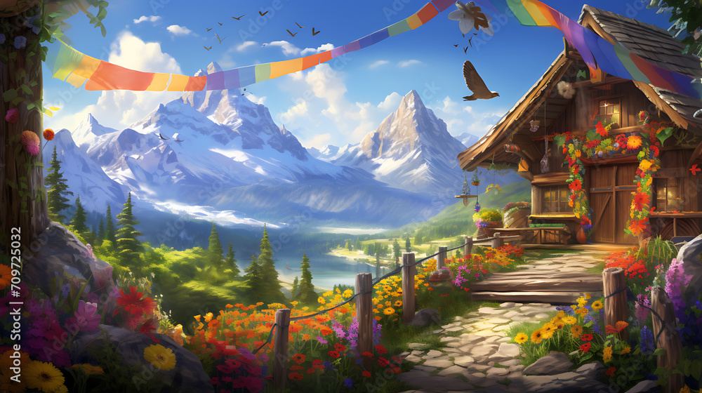 a scenic mountain view with a colorful 