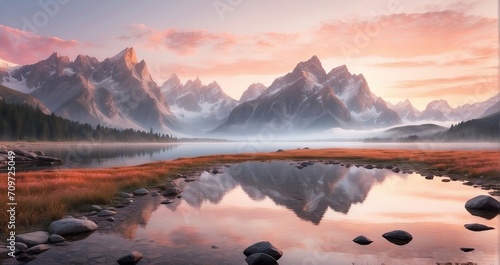A breathtaking, ultra-realistic mountain vista at dawn, with a soft pink and orange sky, towering peaks, and a serene lake reflecting the scene - Generative AI