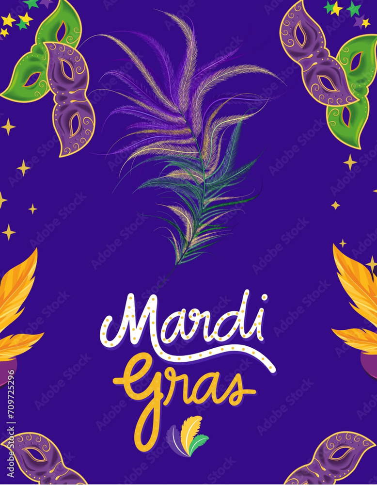 Naklejka premium Mardi Gras background and wallpaper, Mardi Gras carnival mask with stars and feather