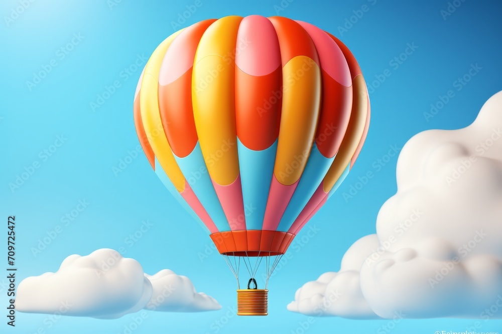 Fototapeta premium Colorful Hot Air Balloon Floating in a Clear Sky, on an isolated Sky Blue background, Generative AI
