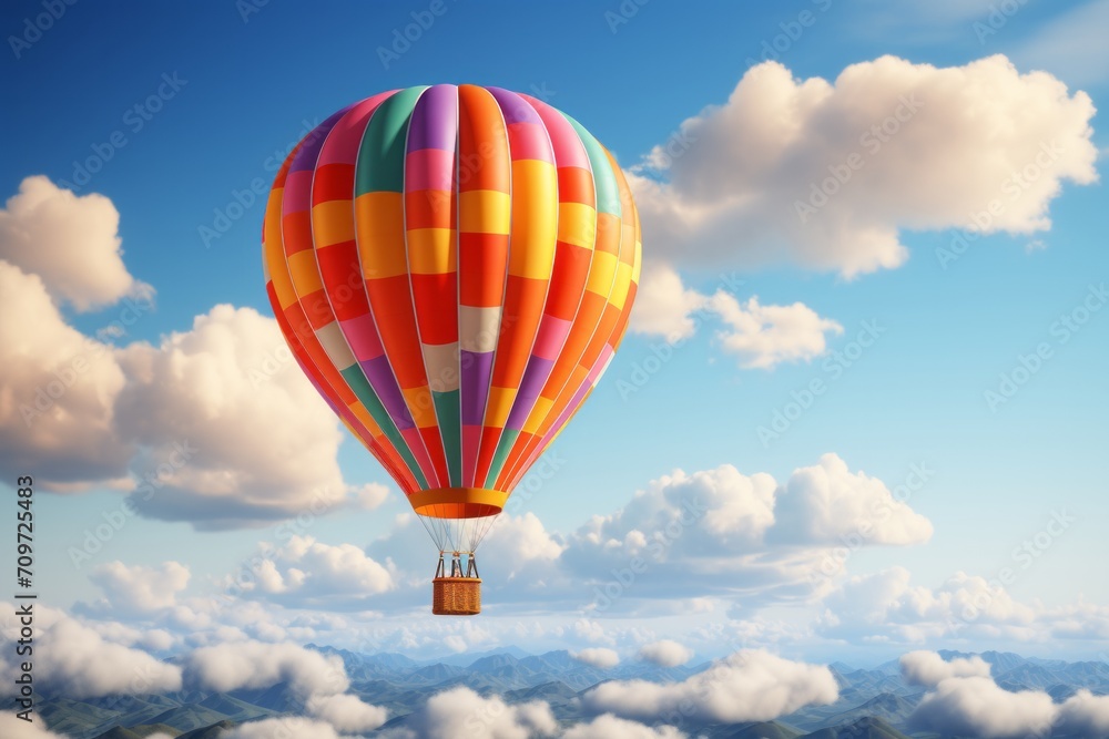 Naklejka premium Colorful Hot Air Balloon Floating in a Clear Sky, on an isolated Sky Blue background, Generative AI