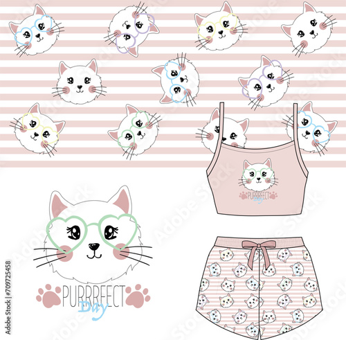 illustration and seamless childish pattern with cute cat. kids texture for fabric, wrapping, textile, wallpaper, apparel. pajama full set with print and fabric pattern.