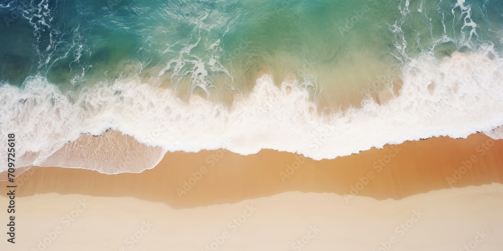Sea aerial view of seascape ocean waves in sunny day beach sand concept. Top view from drone. Generative AI - obrazy, fototapety, plakaty 