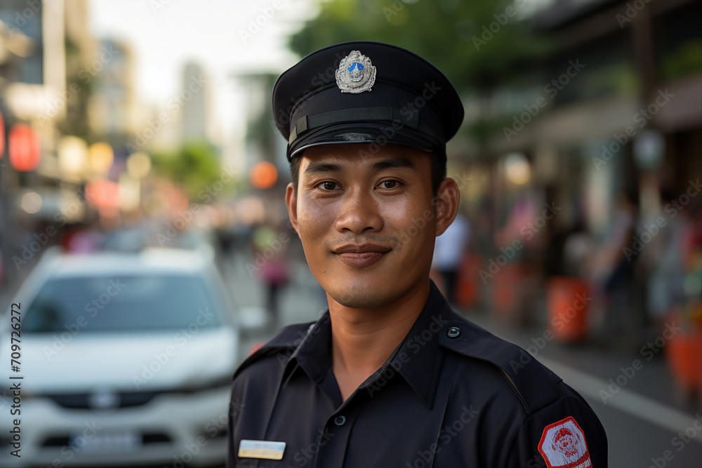 Obraz premium Young man woman working as police officer or cop closeup portrait blurred city background Generative AI