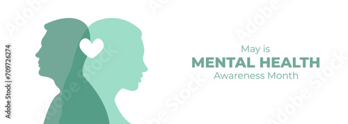Mental health banner.Vector illustration with silhouettes of man and woman and space for text.