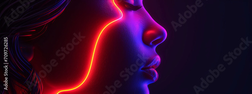 Luminous Emanation, Mesmerizing Aura of a Womans Face Illuminated by Neon Lights