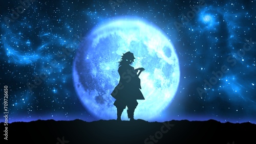 anime character on the background of the moon, anime wallpaper, blue background, swordsman