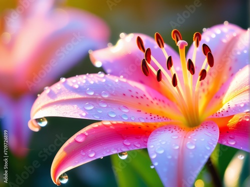 beautiful Lilly flower blossom with morning dew under the elegant sunlight