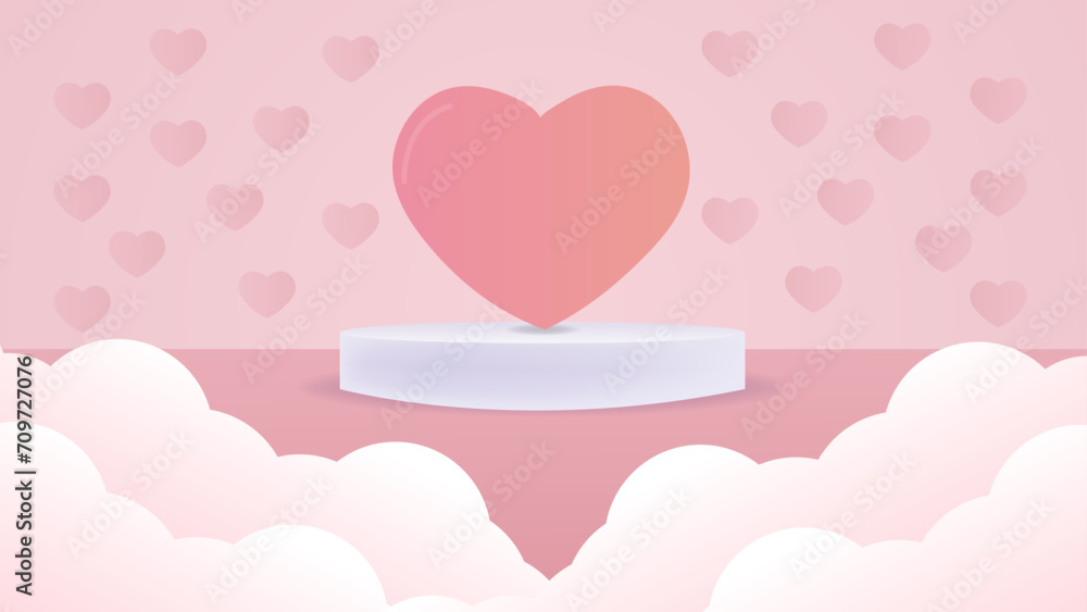 Paper elements in shape of heart flying on pink background with cloud element.