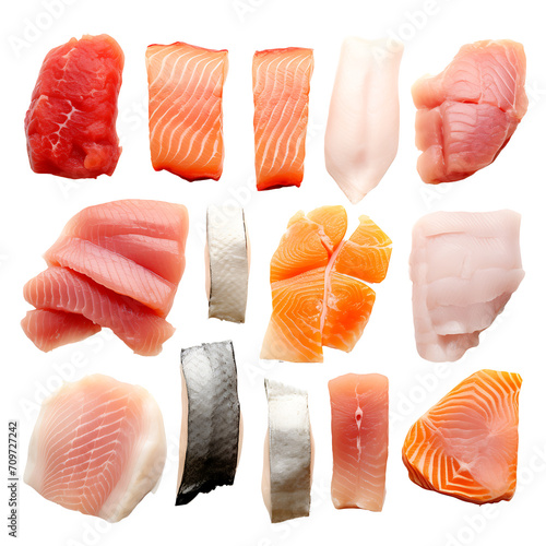 Fresh, raw collection of gourmet meat slices, including salmon, fish, sushi, and smoked ham, isolated on a white background - a delicious and healthy Japanese seafood dinner option