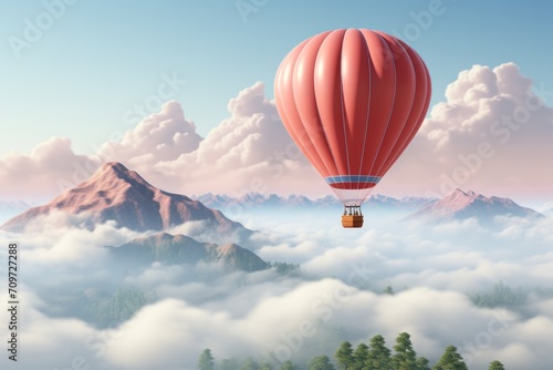 Hot Air Balloon Floating Above Clouds, on an isolated Silver Gray background, Generative AI