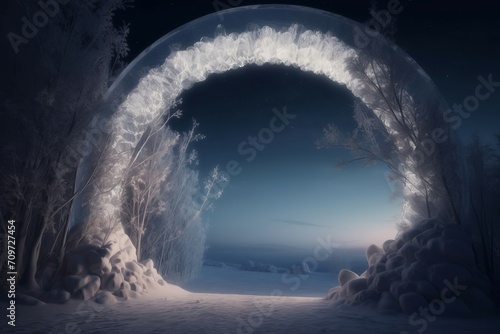 Ice frosty wintertime arch. Ethereal frozen wonderland round gateway portal. Generate ai
