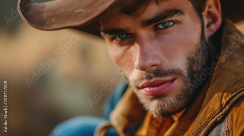 Portrait of cowboy in hat, american western ranch man model photo