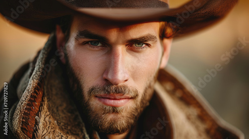 Fotografie, Obraz Portrait of cowboy in hat, american western ranch man model