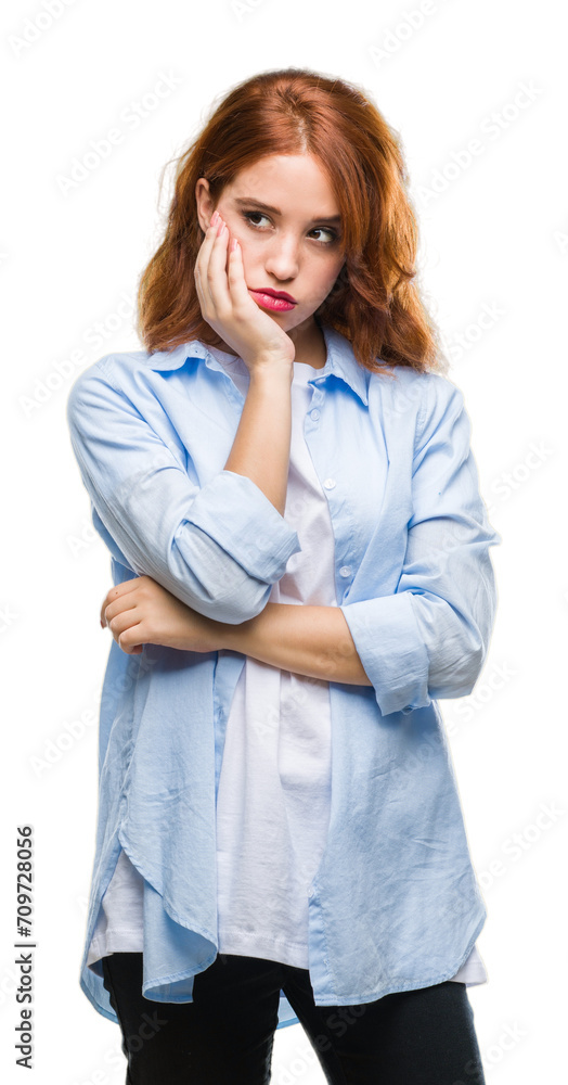 Young beautiful business woman over isolated background thinking looking tired and bored with depression problems with crossed arms. Young beautiful business woman over isolated background thinking looking tired and bored with depression problems with crossed arms.