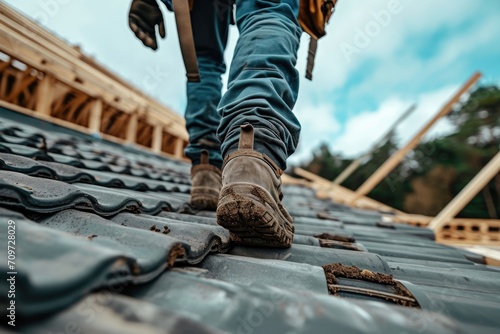 When working on the roof, a construction worker wears a seat belt. Generative Ai. photo
