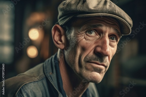 Aged male factory worker portrait. Old time industrial man employee manufacturing workplace. Generate ai