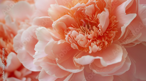 Capture the intricate beauty of peonies in the enchanting Peach Fuzz, the color of the year 2024, through a close-up macro lens. photo